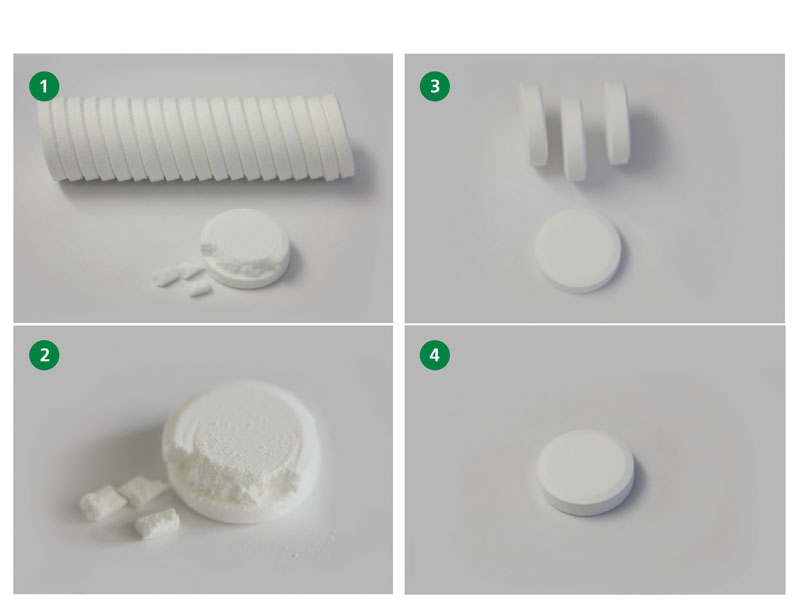 Figure 1: Comparison of a conventional wet granulation method (1 & 2) and TOPO granulation (3 & 4) to manufacture an effervescent painkiller