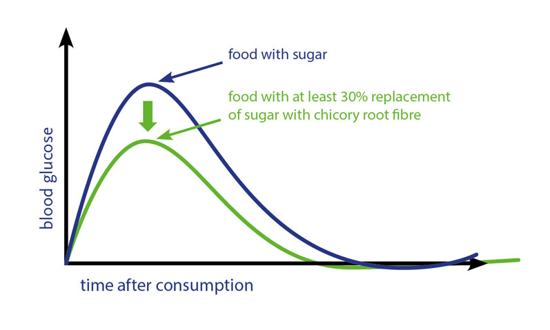 Figure 1: Replacing glycaemic carbohydrates with inulin-type fructans from chicory reduces the postprandial blood glucose and insulin response to foods